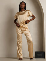 [Champagne] SilkSilky-CA Short Sleeve Boat Neck Women's T-Shirt 006