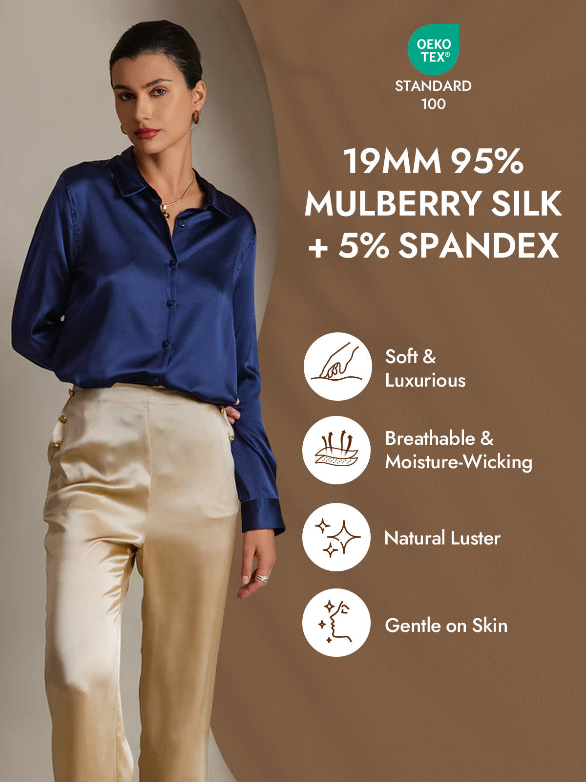 [Dark Blue] SilkSilky-CA Silk Long Sleeve Lapel Collar Women's Shirt 004