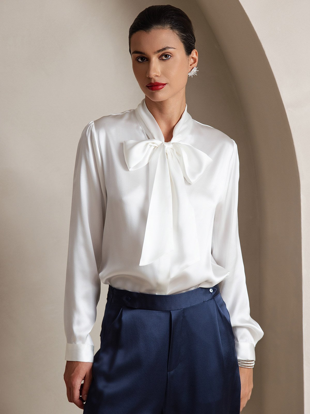 [White] SilkSilky-CA 19Momme Stretch Silk Charmeuse Long Sleeve Tie Neck Blouse 001