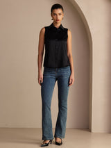 [Black] SilkSilky-CA Sleeveless Lapel Collar Women's Shirt 006