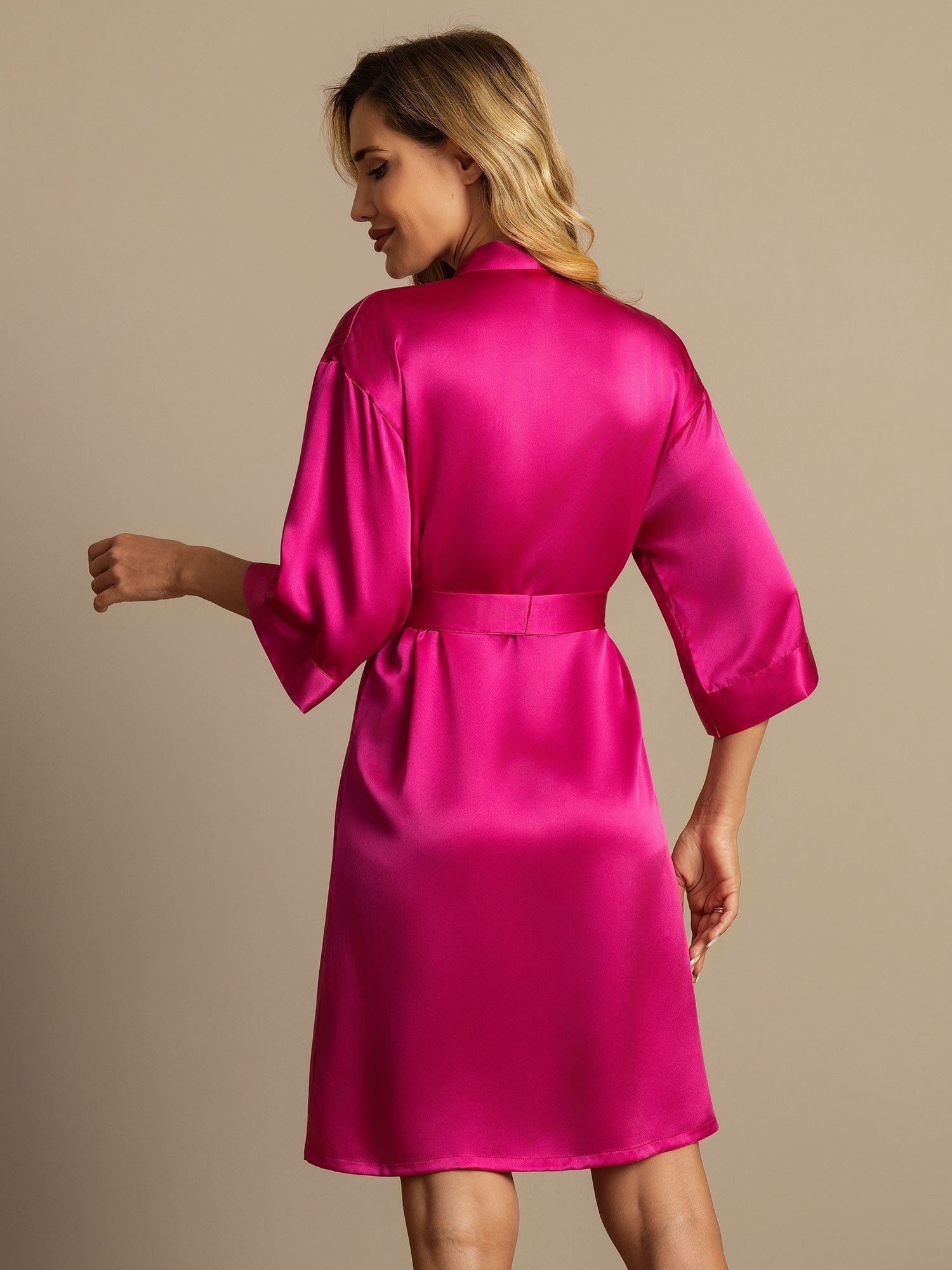 [Rose Red] SilkSilky-CA Pure Silk 3/4 Sleeve Wrap Women's Robe 002