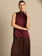[Dark Red] SilkSilky-CA 19Momme Stretch Silk Charmeuse Sleeveless High Neck Blouse 007