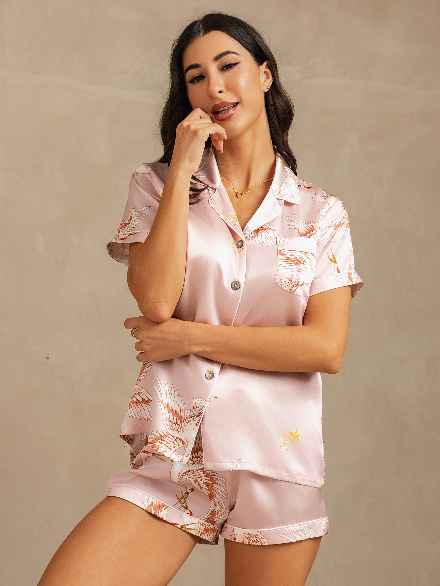 [Pink] SilkSilky-CA 19Momme Short Sleeve Notch Collar Women's Pajamas 003