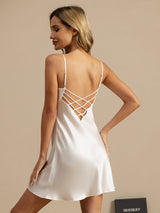 [White] SilkSilky-CA Spaghetti Strap V Neck Nightgown 001