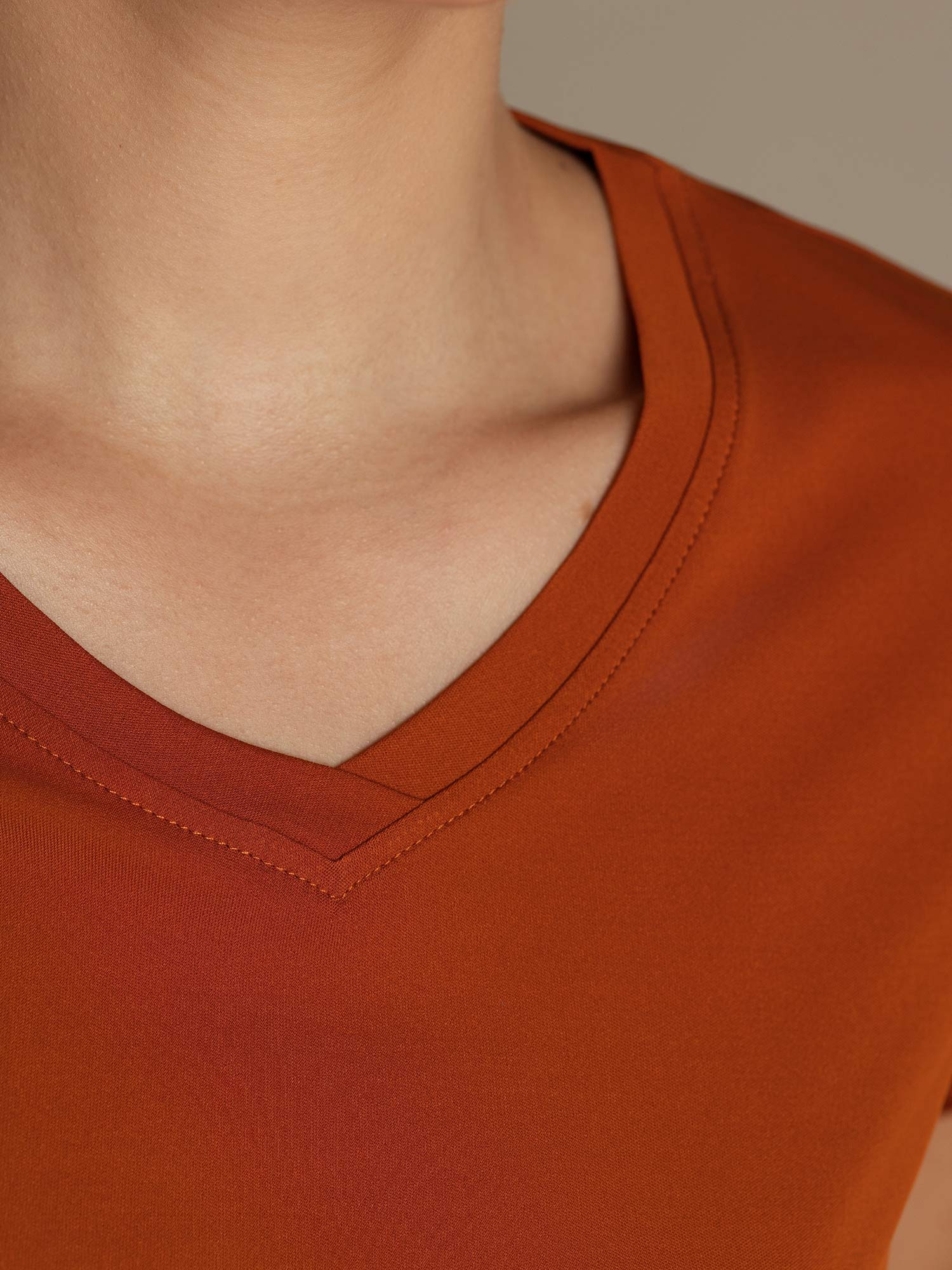 [Orange] SilkSilky-CA 100% High-Twist Silk Jersey Short Sleeve V Neck Women's T-Shirt 007