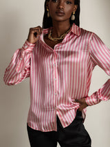 [Pink Stripe] SilkSilky-CA Long Sleeve Lapel Collar Women's Shirt 003
