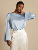 [Grayish Blue] SilkSilky-CA Long Sleeve Boat Neck Blouse 001