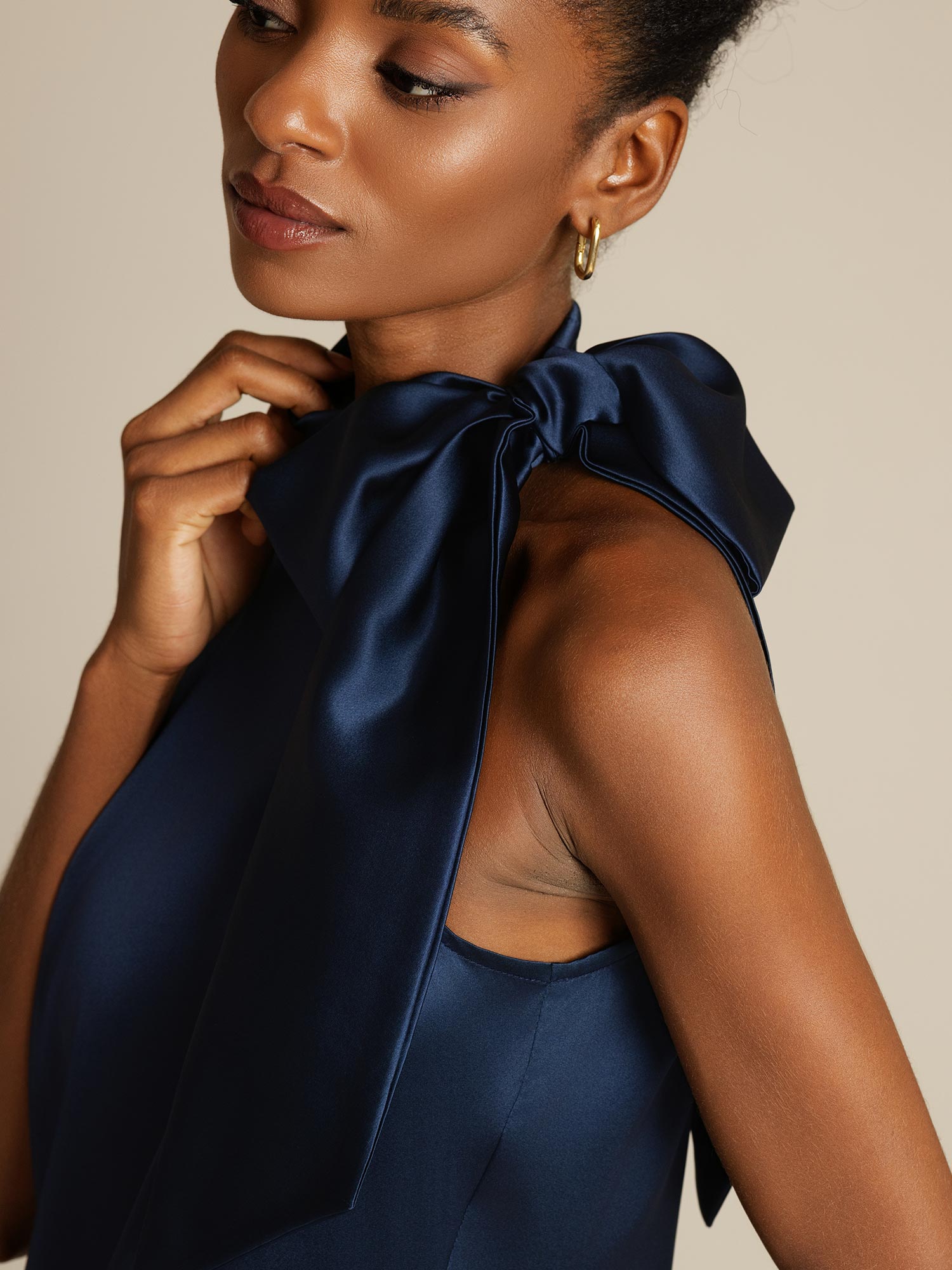 [Dark Blue] SilkSilky-CA 19Momme Silk Tie Neck Dress 004,