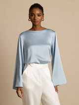 [Grayish Blue] SilkSilky-CA Long Sleeve Boat Neck Blouse 006