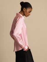 [Pink Stripe] SilkSilky-CA Long Sleeve Lapel Collar Women's Shirt 003