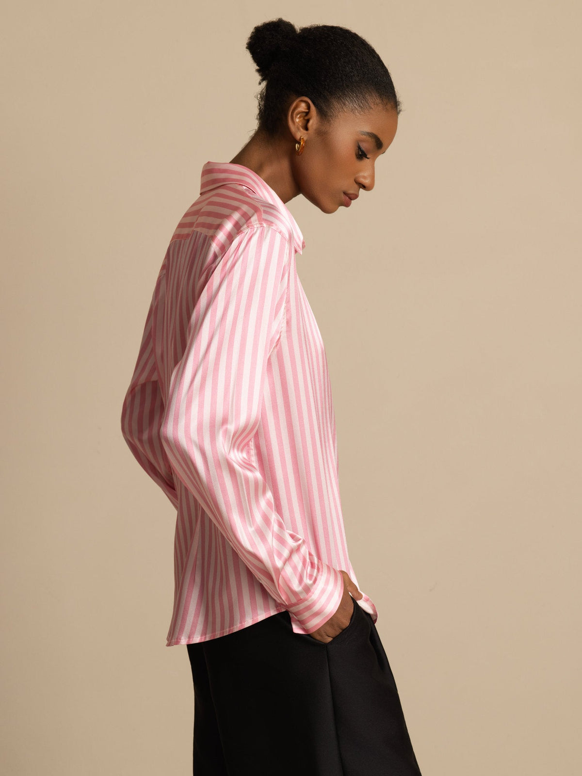 [Pink Stripe] SilkSilky-CA Long Sleeve Lapel Collar Women's Shirt 002