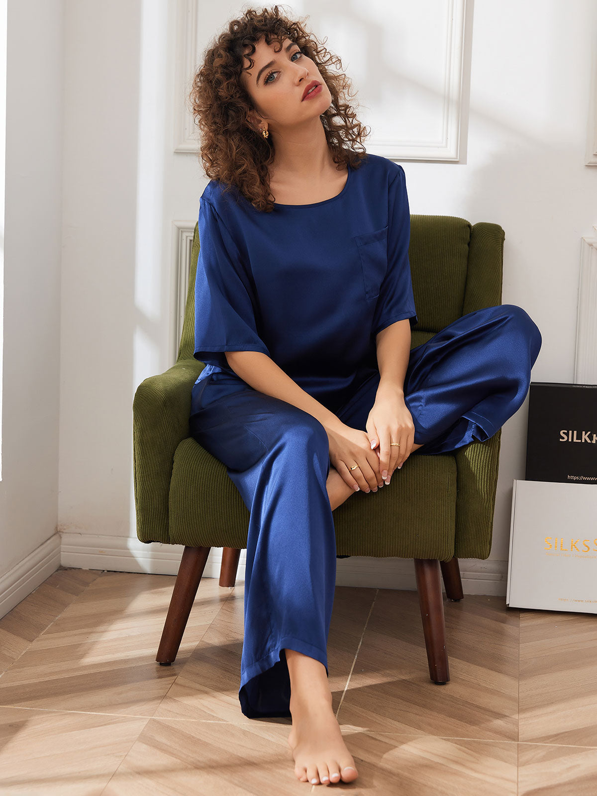 [Dark Blue] SilkSilky-CA Pure Silk Half Sleeve Round Neck Women's Pajamas 001
