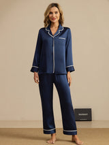 [Dark Blue] SilkSilky-CA Long Sleeve Notch Collar Women's Pajamas 001