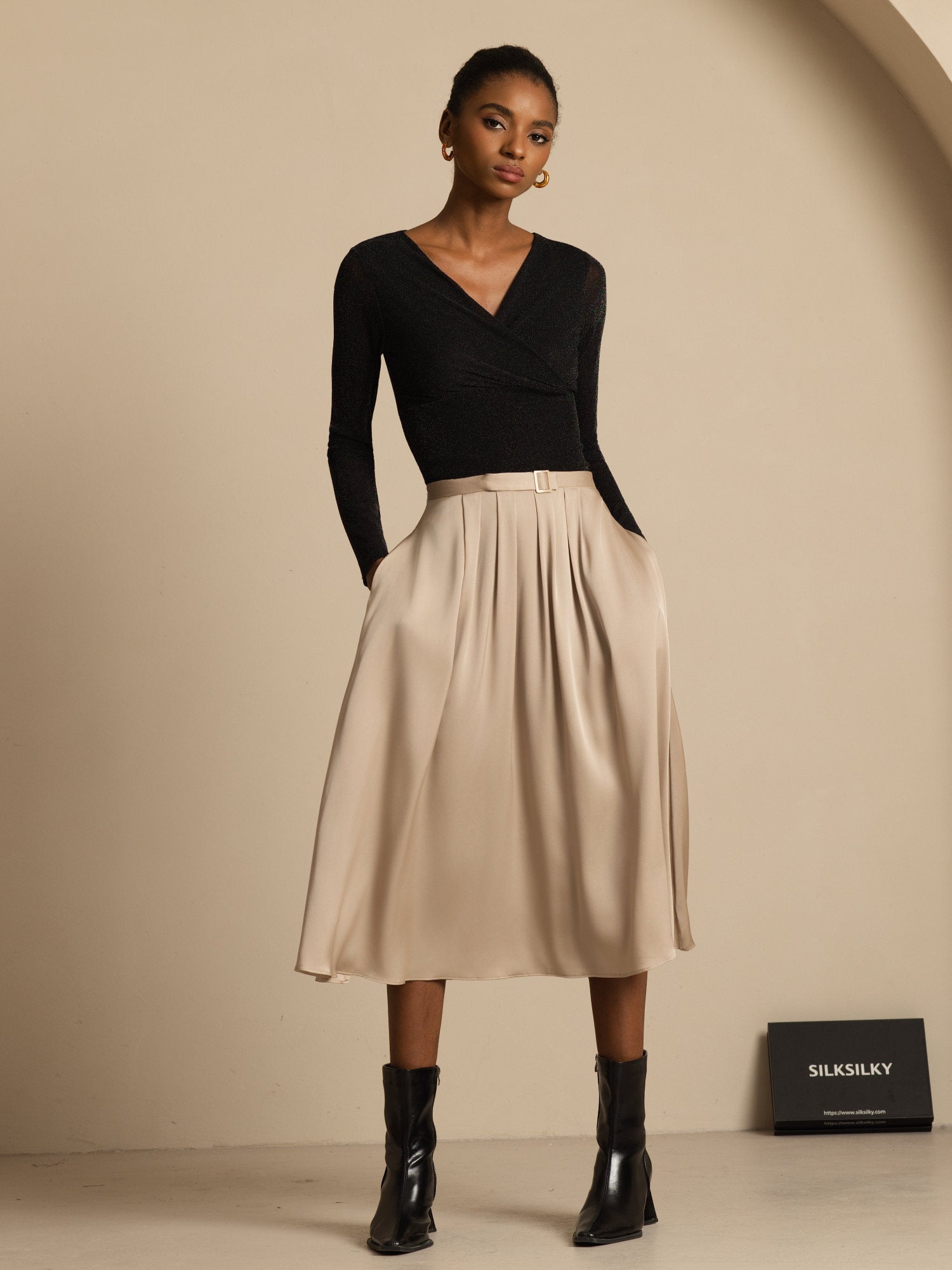 [Tan] SilkSilky-CA 19Momme Stretch Silk Double Georgette Skirt 005