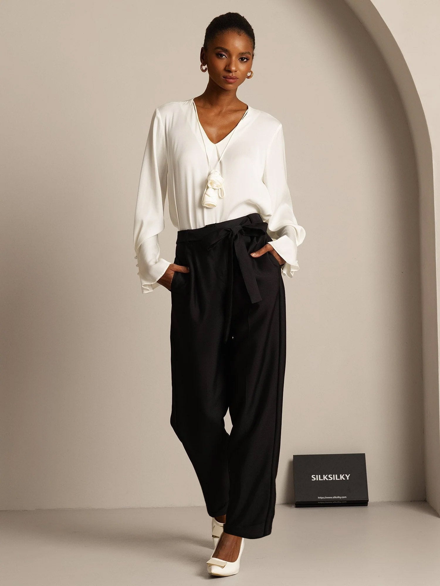 [Black] SilkSilky-CA 32Momme Silk-Wool Blend Womens Pants 003,