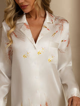 [White] SilkSilky-CA 19Momme Long Sleeve Notch Collar Nightshirt 004