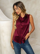 [Dark Red] SilkSilky-CA Sleeveless Lapel Collar Women's Shirt 005