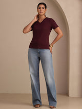[Wine] SilkSilky-CA Short Sleeve V Neck Women's T-Shirt 006