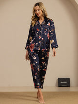 [Navy Floral] SilkSilky-CA Long Sleeve Lapel Collar Women's Pajamas 004