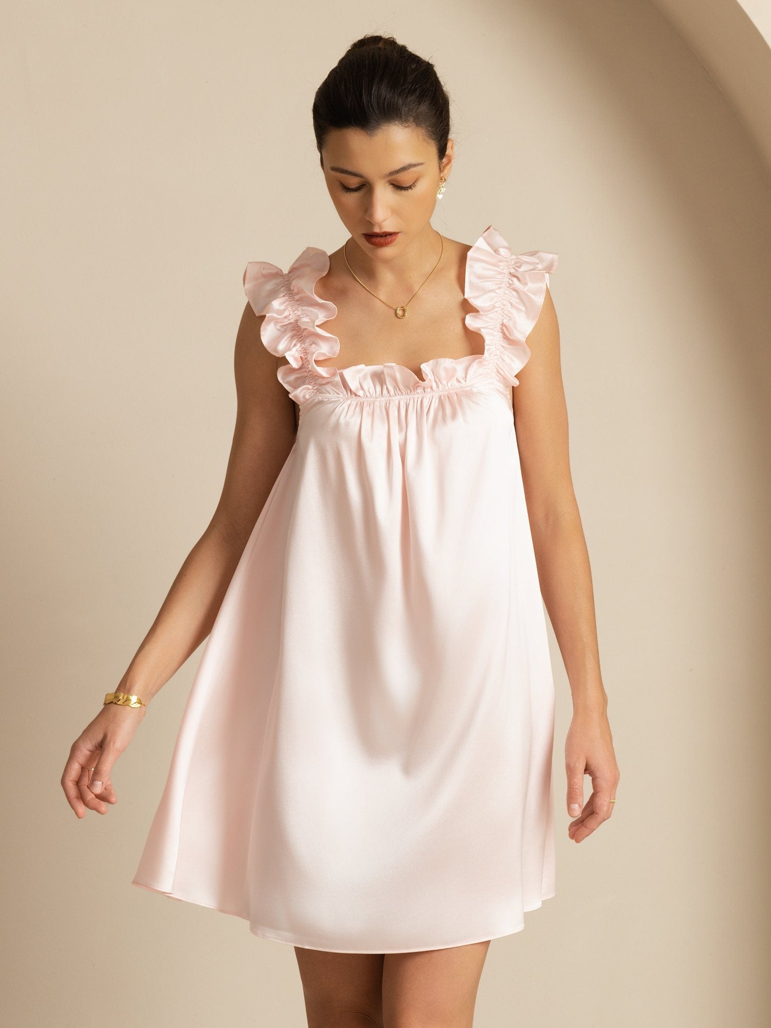 [Pink] SilkSilky-CA Sleeveless Square Neck Nightgown 001