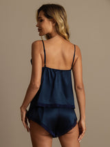 [Dark Blue] SilkSilky-CA Spaghetti Strap V Neck Camisole Set 002