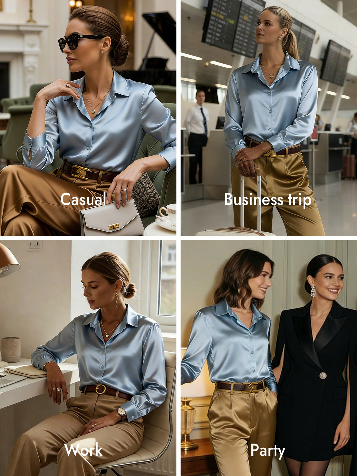 [Grayish Blue] SilkSilky-CA Silk Long Sleeve Lapel Collar Women's Shirt 011