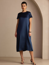 [Dark Blue] SilkSilky-CA Short Sleeve Round Neck Dress 001