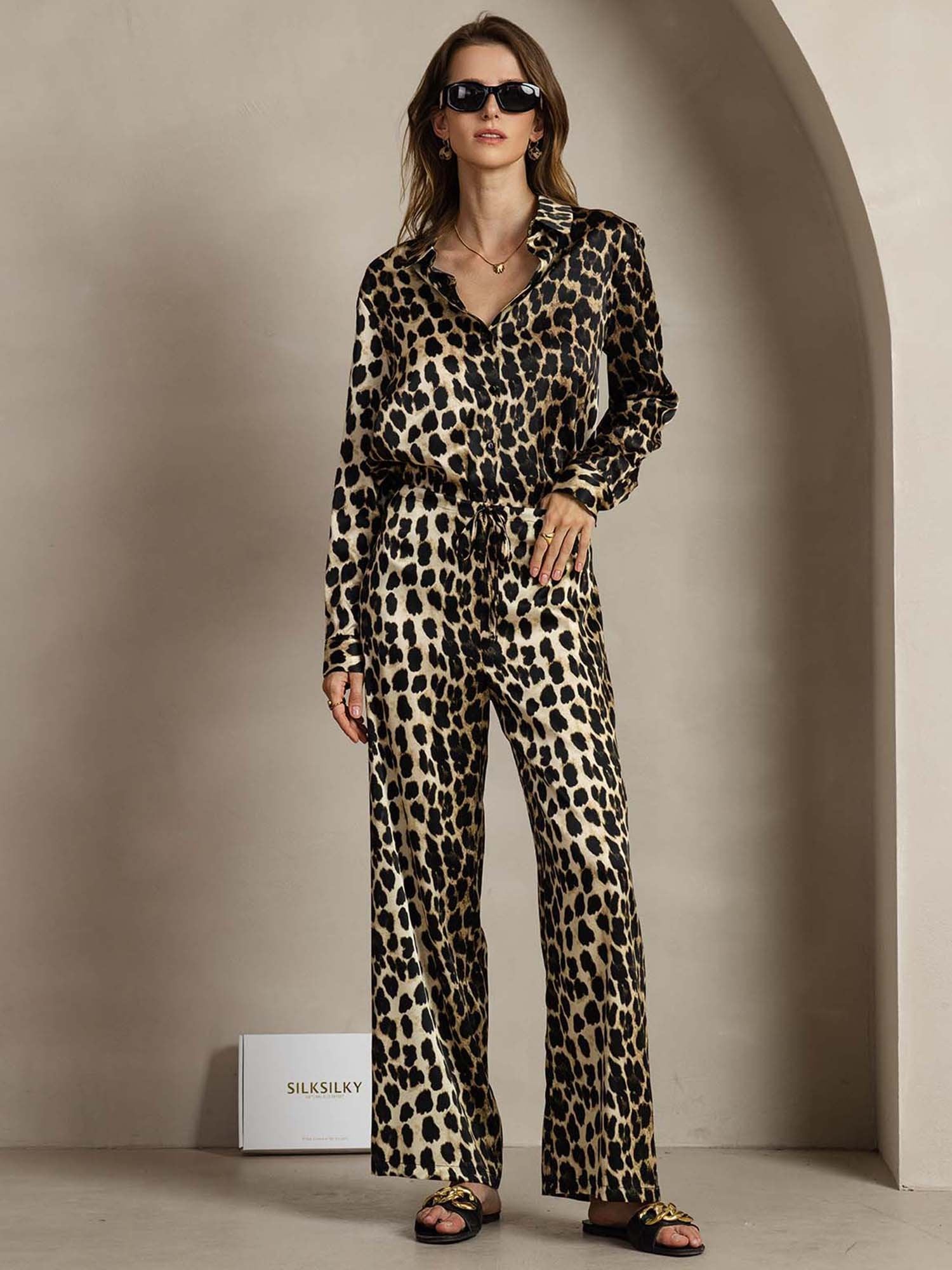 [Leopard] SilkSilky-CA 19Momme Silk Lapel Collar Women''s Outfit Sets 001