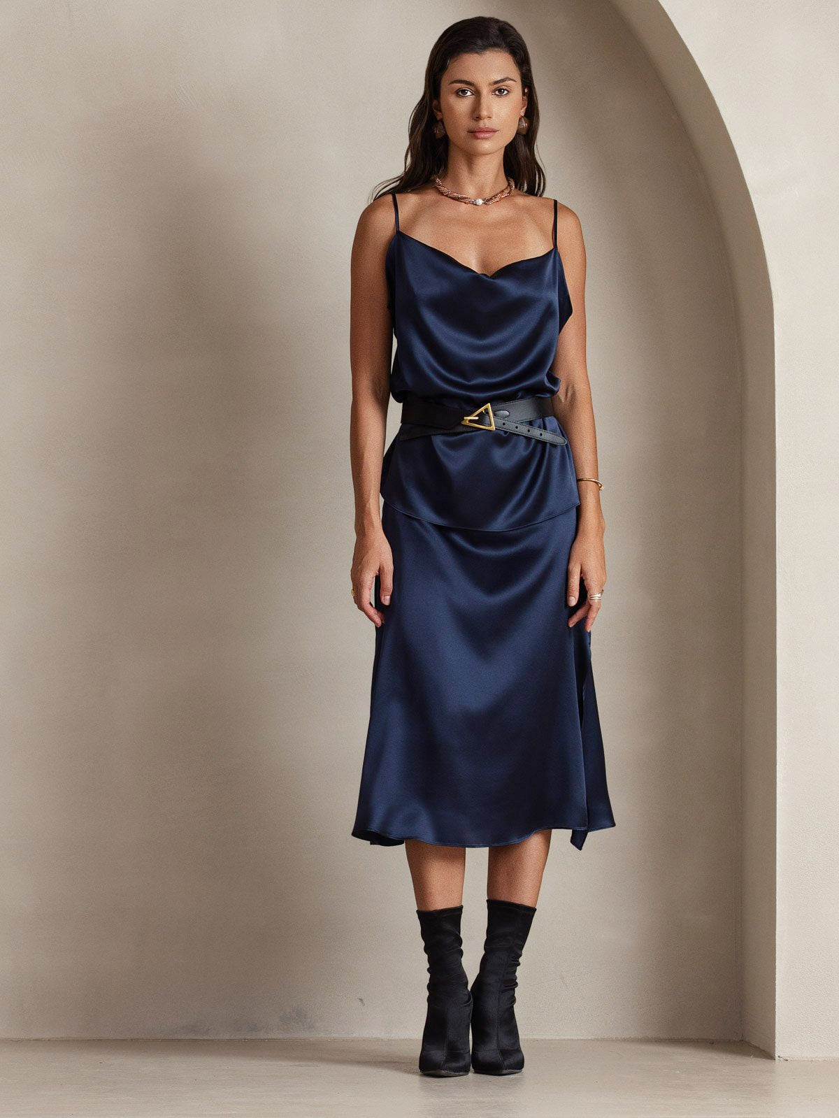 [Dark Blue] SilkSilky-CA 19Momme Silk Cowl Neck Camisole 004