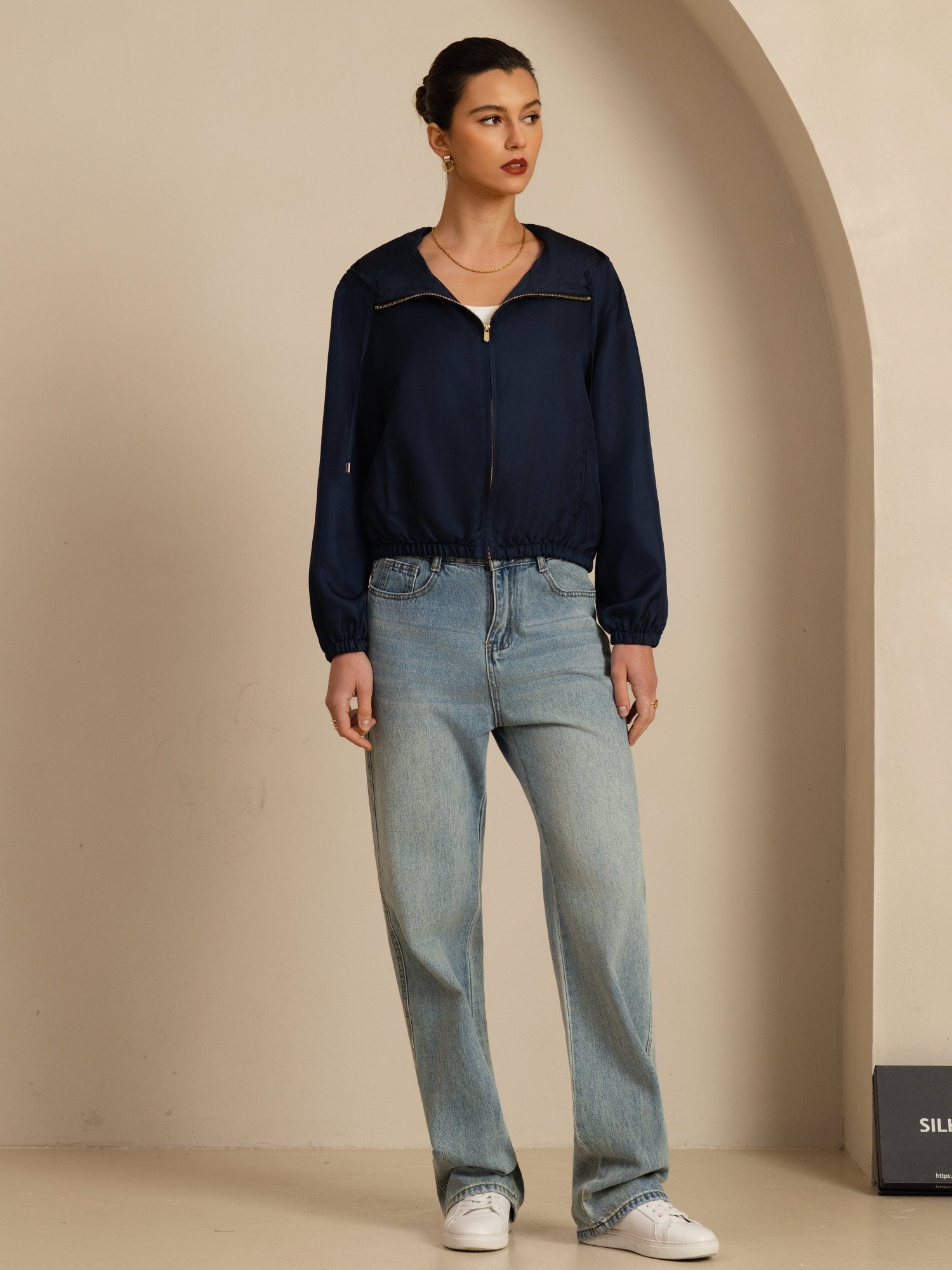 [DarkBlue] SilkSilky-CA 18Momme Silk Satin Surah Long Sleeve Stand Collar Women's Outerwear 006