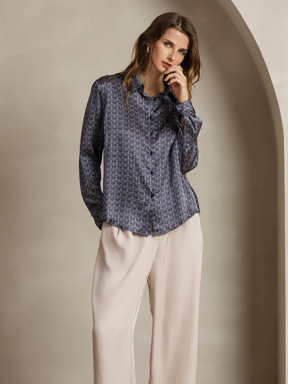 [Navy Ginkgo] SilkSilky-CA Silk Lapel Collar Women's Shirt 006
