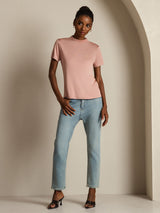 [Pink] SilkSilky-CA 100% Silk Jersey Short Sleeve Mock Neck Women's T-Shirt 007