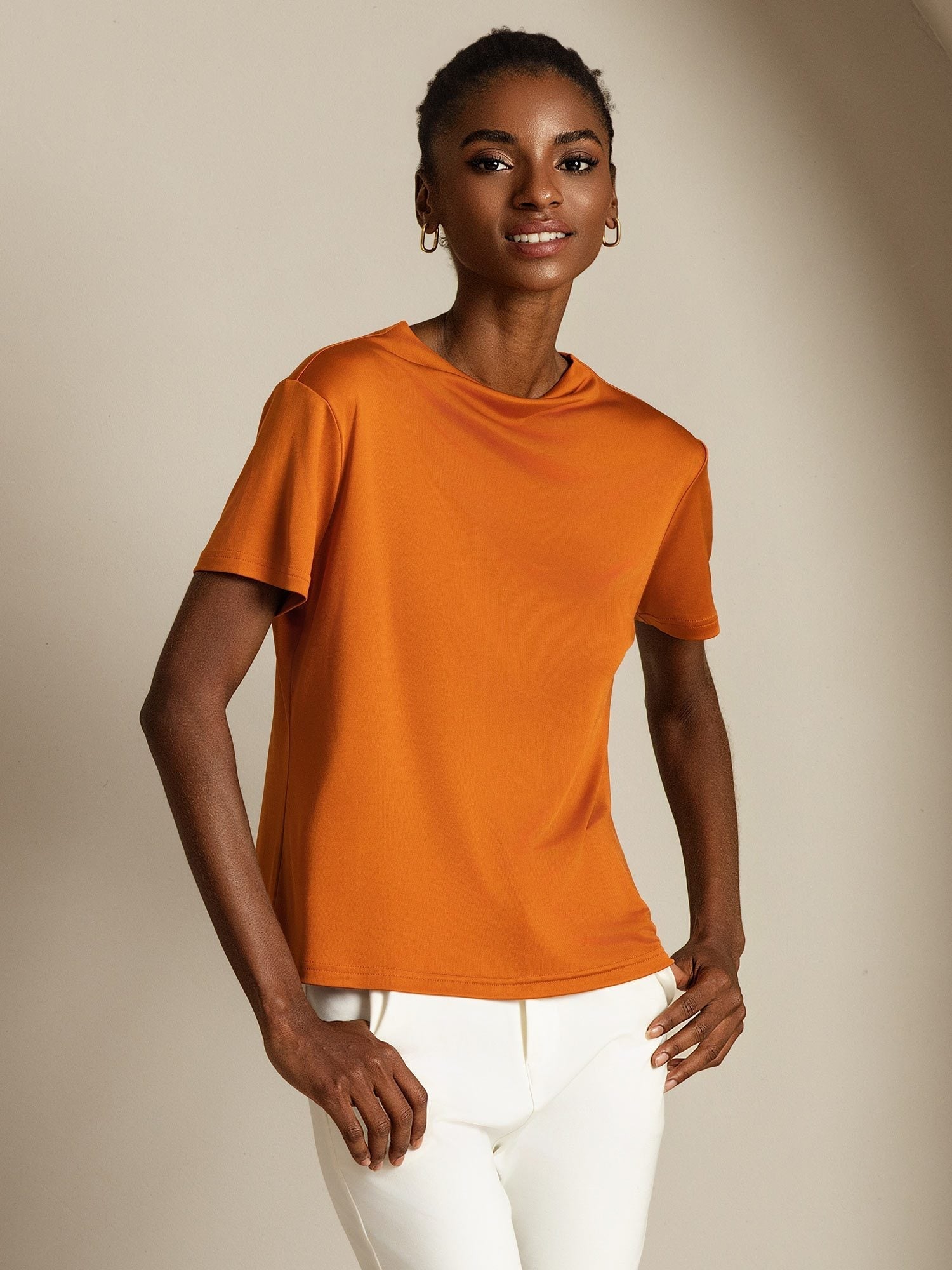 [Orange] SilkSilky-CA Pure Silk Collar Women's T-Shirt 006