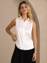 [White] SilkSilky-CA Sleeveless Lapel Collar Women's Shirt 003