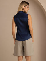[Dark Blue] SilkSilky-CA Sleeveless Lapel Collar Women's Shirt 002
