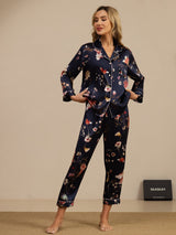 [Navy Floral] SilkSilky-CA Long Sleeve Lapel Collar Women's Pajamas 003