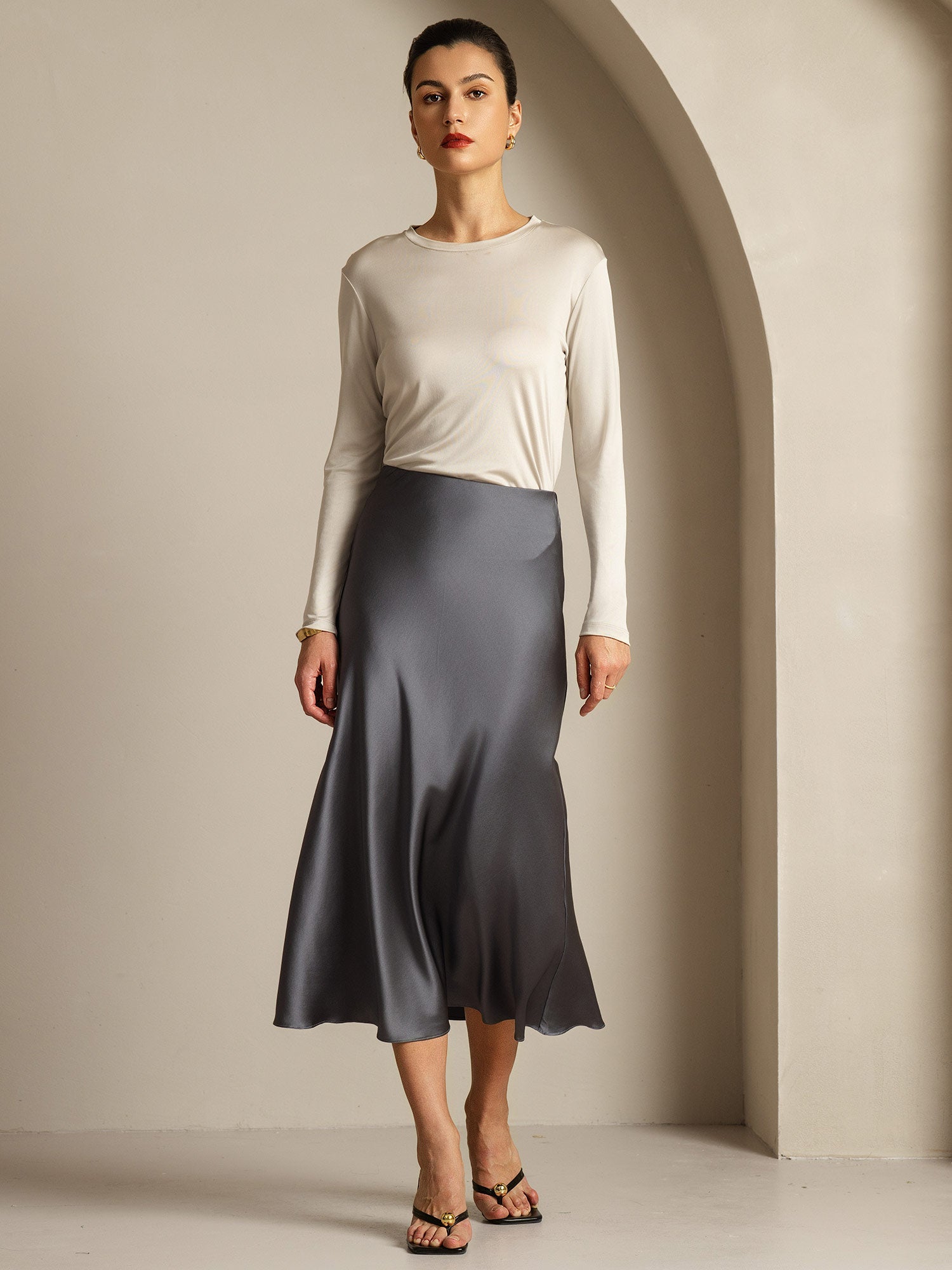 [Gray] SilkSilky-CA Pure Silk Womens T-Shirt 015,