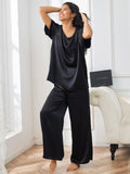 SilkSilky CA Pure Silk Short Sleeve V Neck Women's Pajamas Black 005