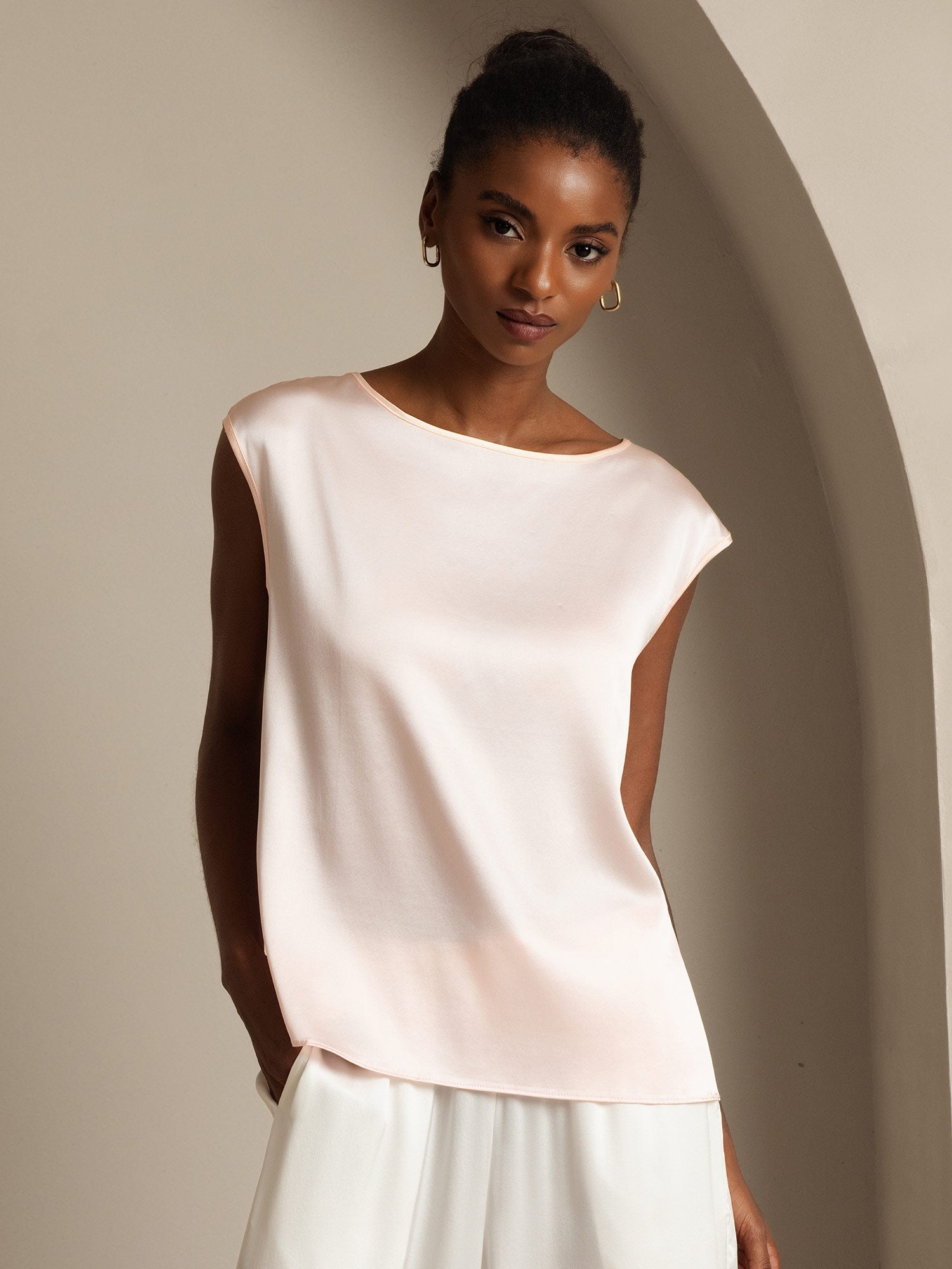 [Pink] SilkSilky-CA 19Momme Silk Round Neck Women's T-Shirt 001,