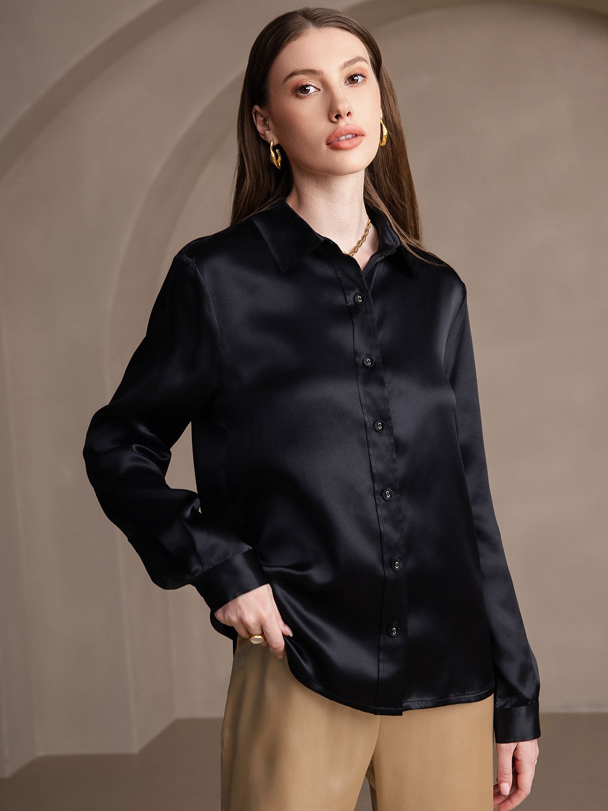 SilkSilky-CA 19Momme Silk Long Sleeve Collar Women's Shirt Black 003