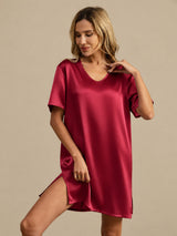 [Dark Red] SilkSilky-CA Half Sleeve V Neck Nightgown 004