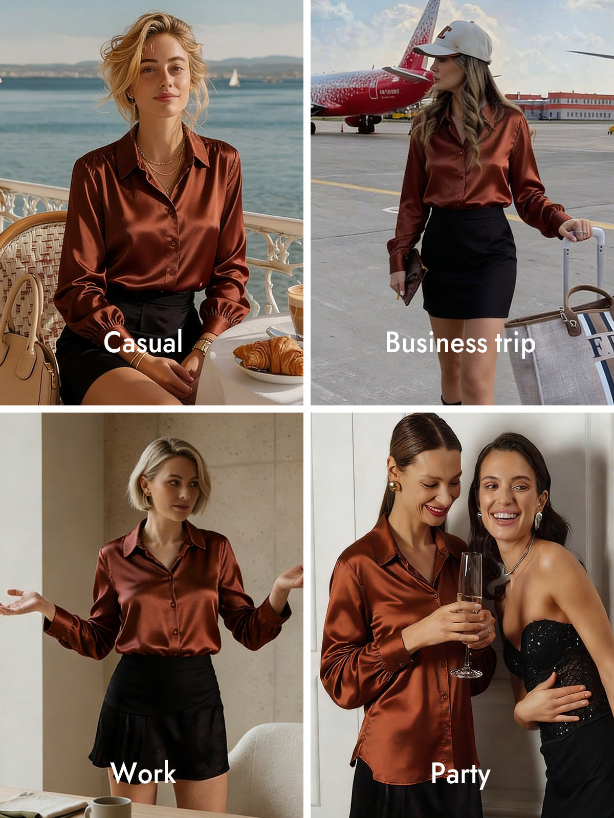 [Caramel] SilkSilky-CA Silk Long Sleeve Lapel Collar Women's Shirt 009