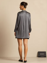 [Dark Gray] SilkSilky-CA 19Momme Stretch Silk Charmeuse Long Sleeve Stand Collar Blouse 002