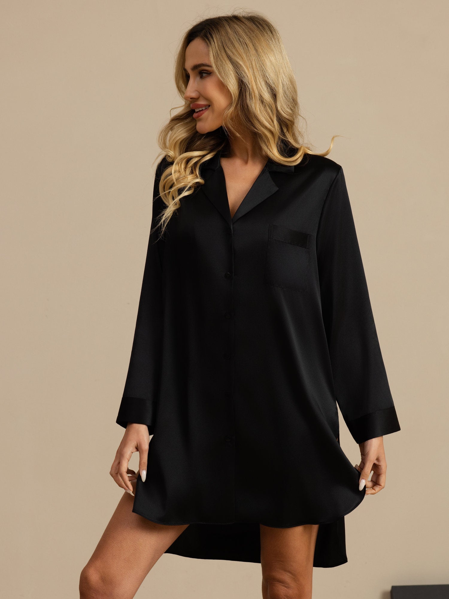 [Black] SilkSilky-CA Pure Silk Long Sleeve Lapel Collar Nightshirt 005