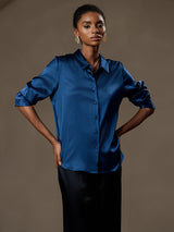 [Teal] SilkSilky-CA Long Sleeve Lapel Collar Women's Shirt 004