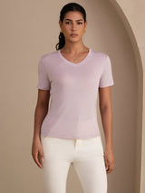 [Lavender] SilkSilky-CA Short Sleeve V Neck Women's T-Shirt 001