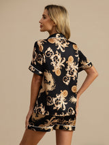 [Black Dragon] SilkSilky-CA Short Sleeve Lapel Collar Women's Pajamas 002