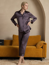 [Purple Gray] SilkSilky-CA Long Sleeve Lapel Collar Women's Pajamas 001