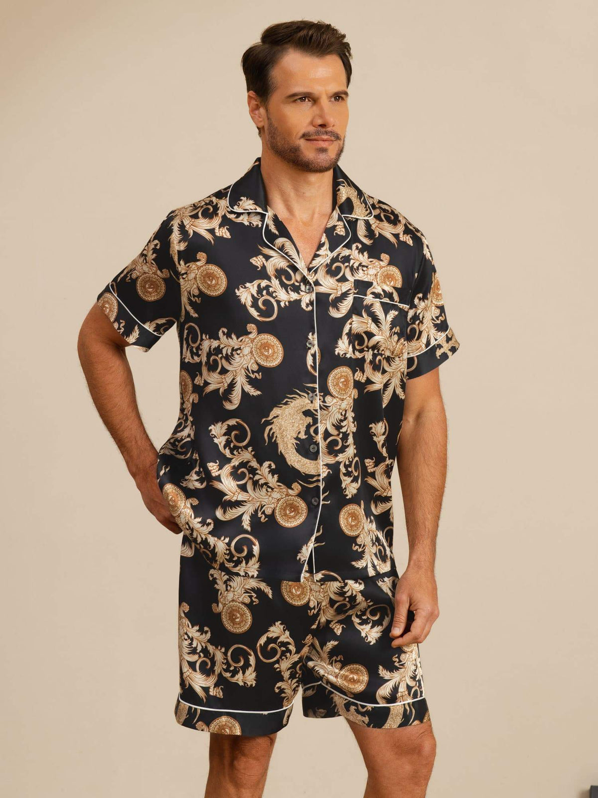 [Black Dragon] SilkSilky-CA Short Sleeve Lapel Collar Men's Pajamas 001