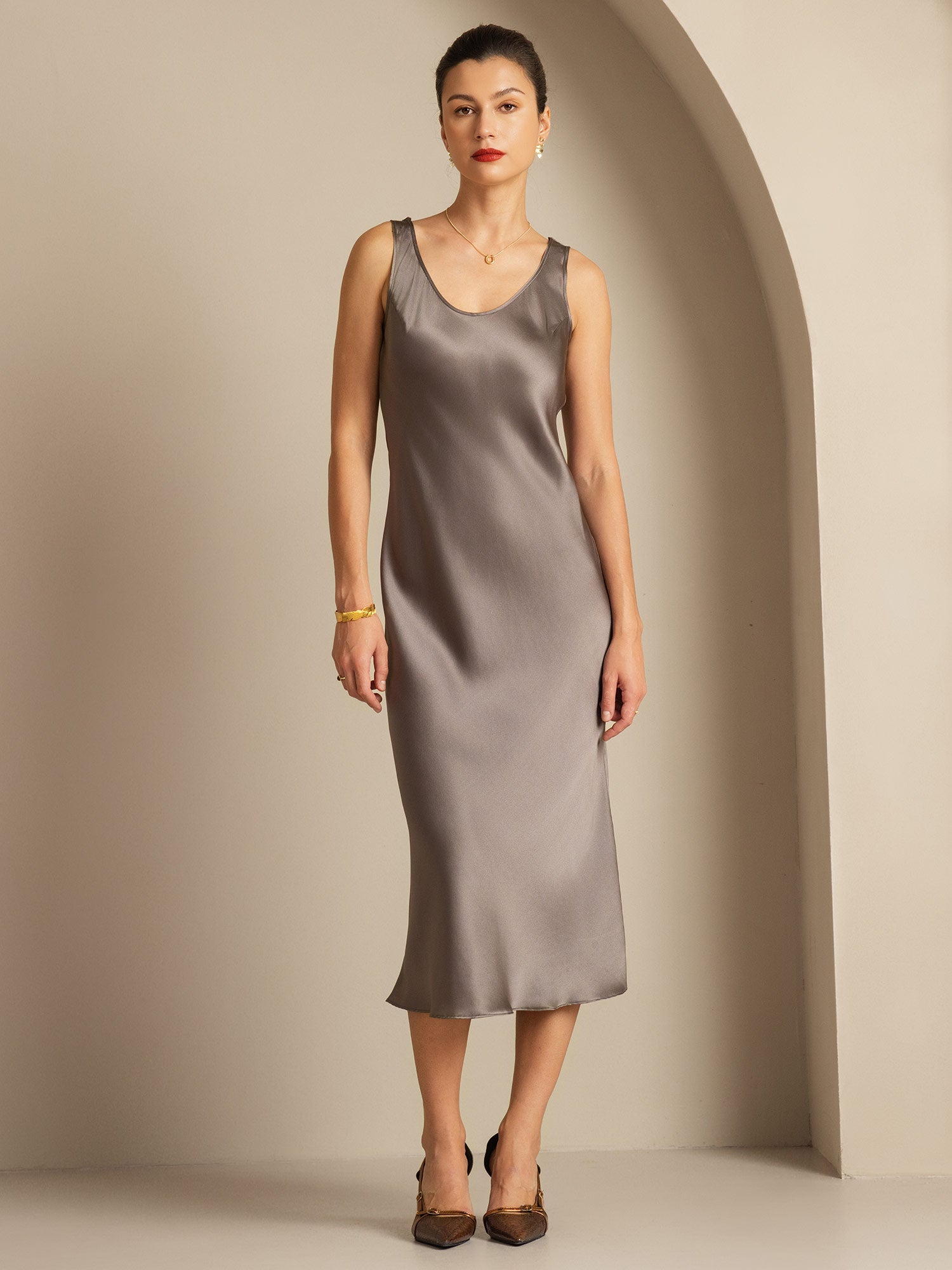 [Dark Khaki] SilkSilky-CA Pure Silk Boat Neck Dress 001,